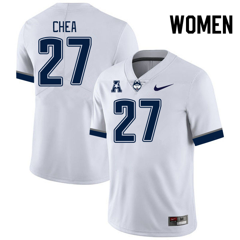 Women #27 Alfred Chea Connecticut Huskies College Football Jerseys Stitched Sale-White - Click Image to Close